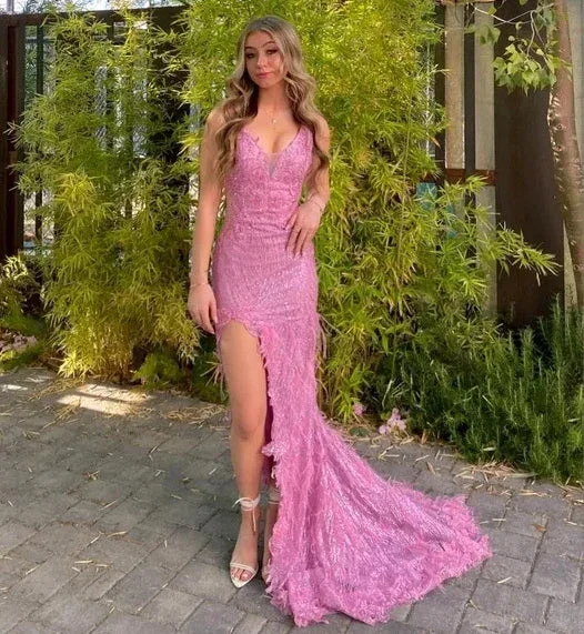 Luxurious Pink Sequins Lace Feathers Mermaid Evening Dress Slit Prom Dress Y7872 - Image 5