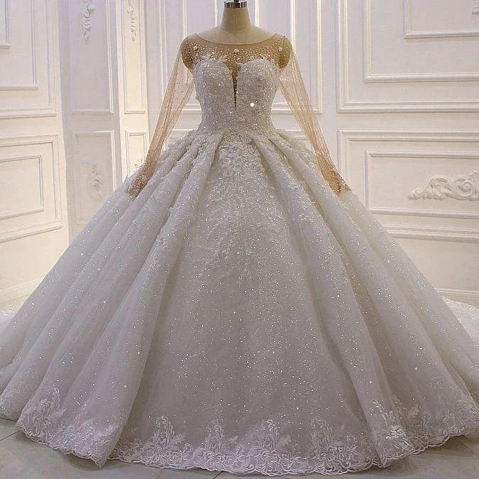 Luxurious Princess A-line Long Sleeves Flowers Lace Wedding Dress - Image 2