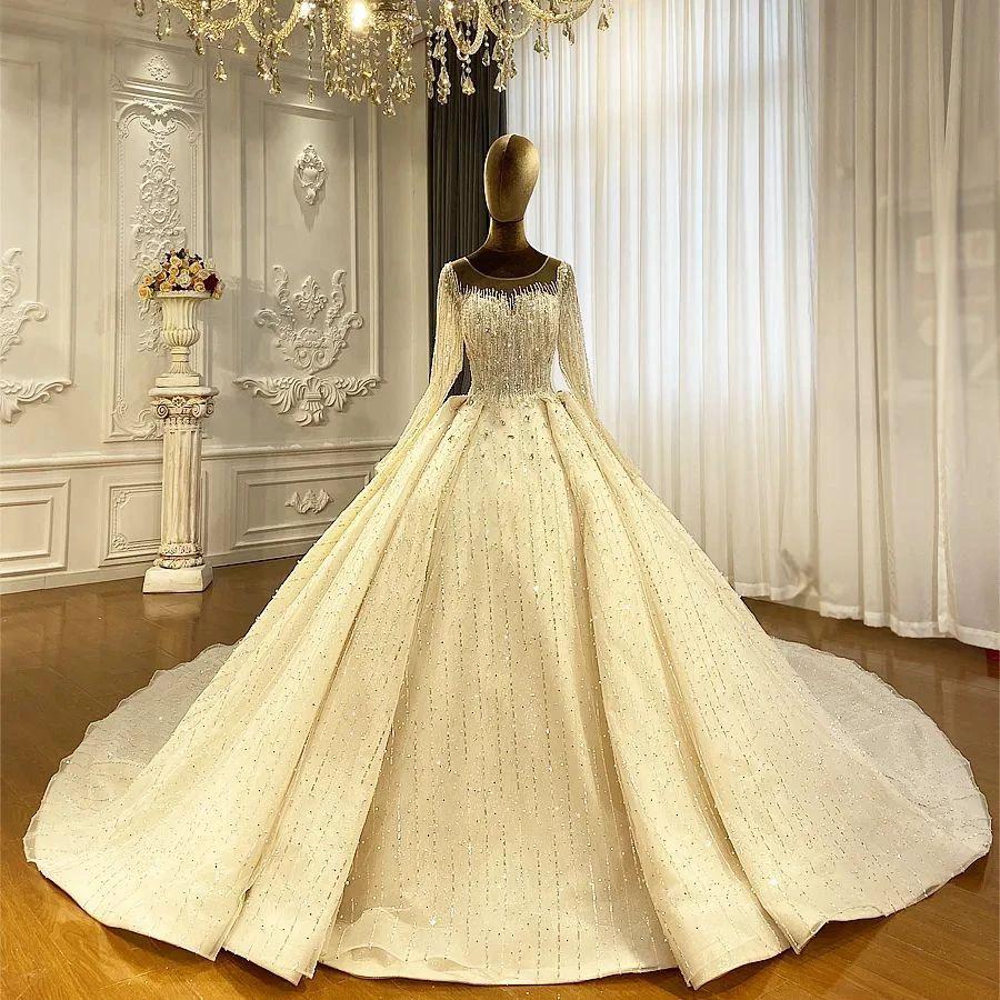 Luxurious Princess Ivory Long Sleeves A-line Wedding Dress With Beads - Image 3