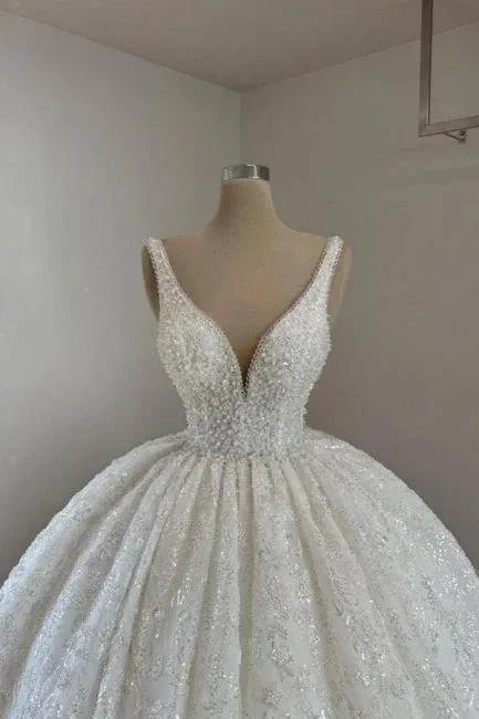 Luxurious Princess Long A-line V-neck Lace Beading Sleeveless Wedding Dresses with Glitter - Image 2
