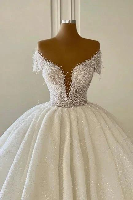 Luxurious Princess Off-the-shoulder V-neck A-line Wedding Dresses With Glitter - Image 2