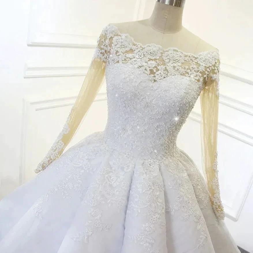 Luxurious Princess White A-line Long Sleeves Lace Wedding Dress - Image 6