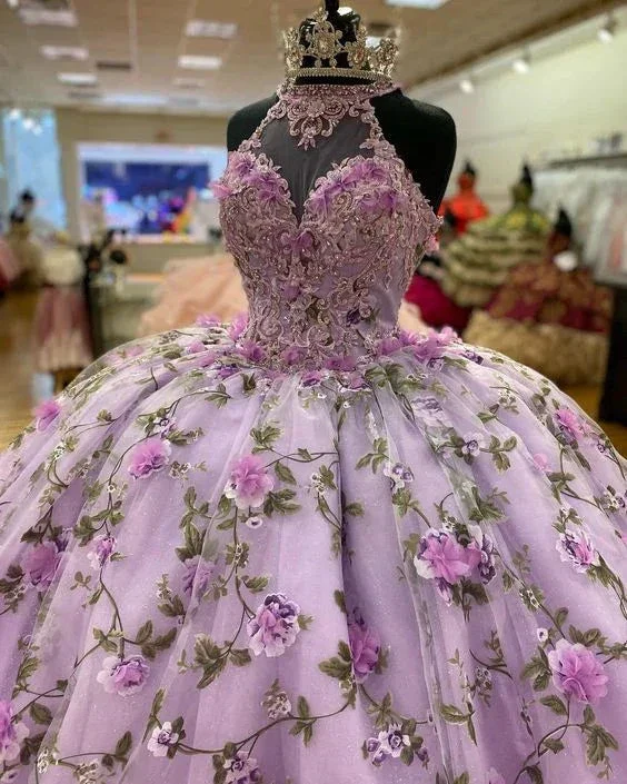 Luxurious Purple A-line Ball Gown With Flowers,Purple Sweet 16 Dress  Y6598 - Image 2