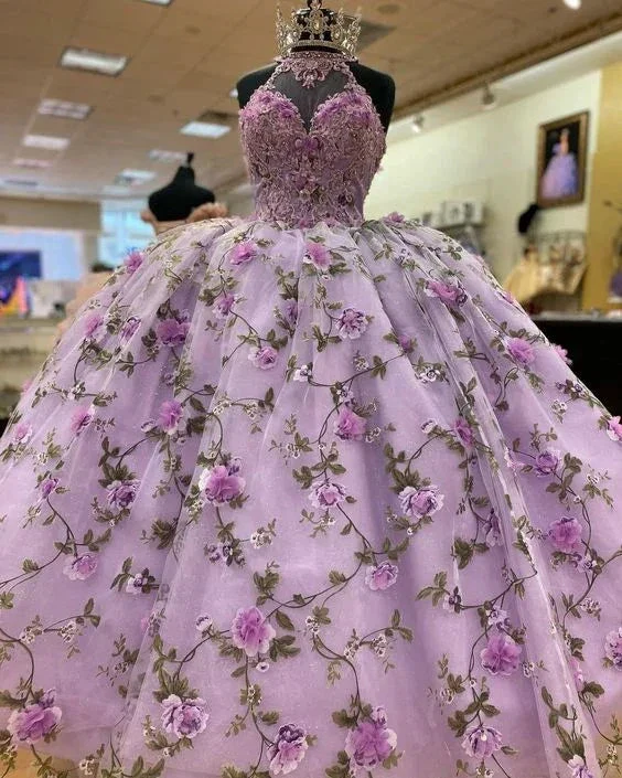 Luxurious Purple A-line Ball Gown With Flowers,Purple Sweet 16 Dress  Y6598 - Image 3