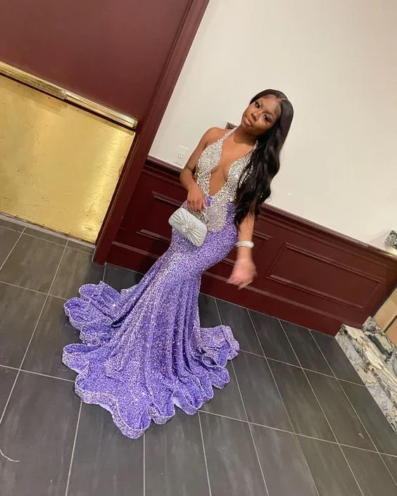 Luxurious Purple Sequins Mermaid Evening Dress For Black Girls Y7311 - Image 2