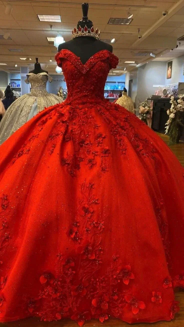 Luxurious Red 3D Flowers Ball Gown,Sweet 16 Dress,Quinceanera Dress  Y5321 - Image 3