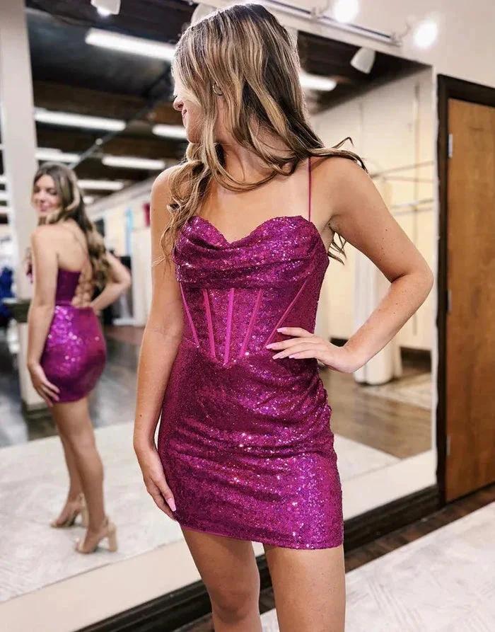 Luxurious Short Column Spaghetti Straps Sweetheart Sleeveless Sequined Satin Openback Homecoming Dress - Image 4