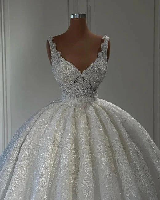 Luxurious Straps Sweetheart Lace Sleeveless Ball Gown Wedding Dresses - Image 4