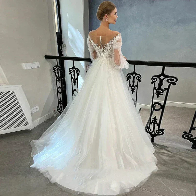 Luxurious White Bridal Gown Tulle with Applique Lace O-Neck A-Line Floor-Length Wedding Dress for Women vestidos de novia - Image 2