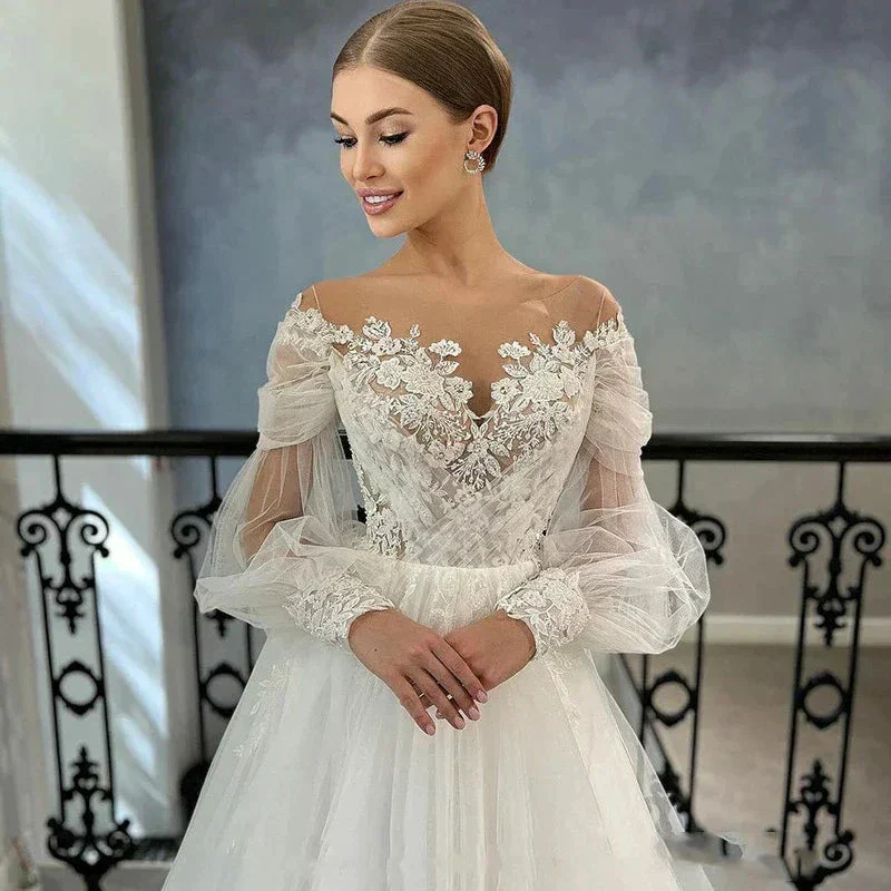 Luxurious White Bridal Gown Tulle with Applique Lace O-Neck A-Line Floor-Length Wedding Dress for Women vestidos de novia - Image 3
