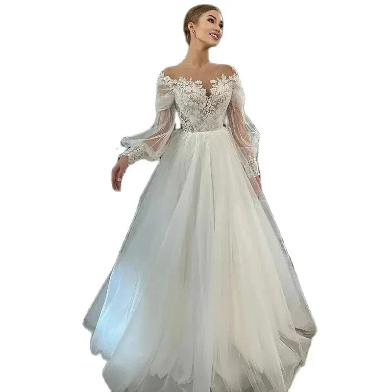 Luxurious White Bridal Gown Tulle with Applique Lace O-Neck A-Line Floor-Length Wedding Dress for Women vestidos de novia - Image 4