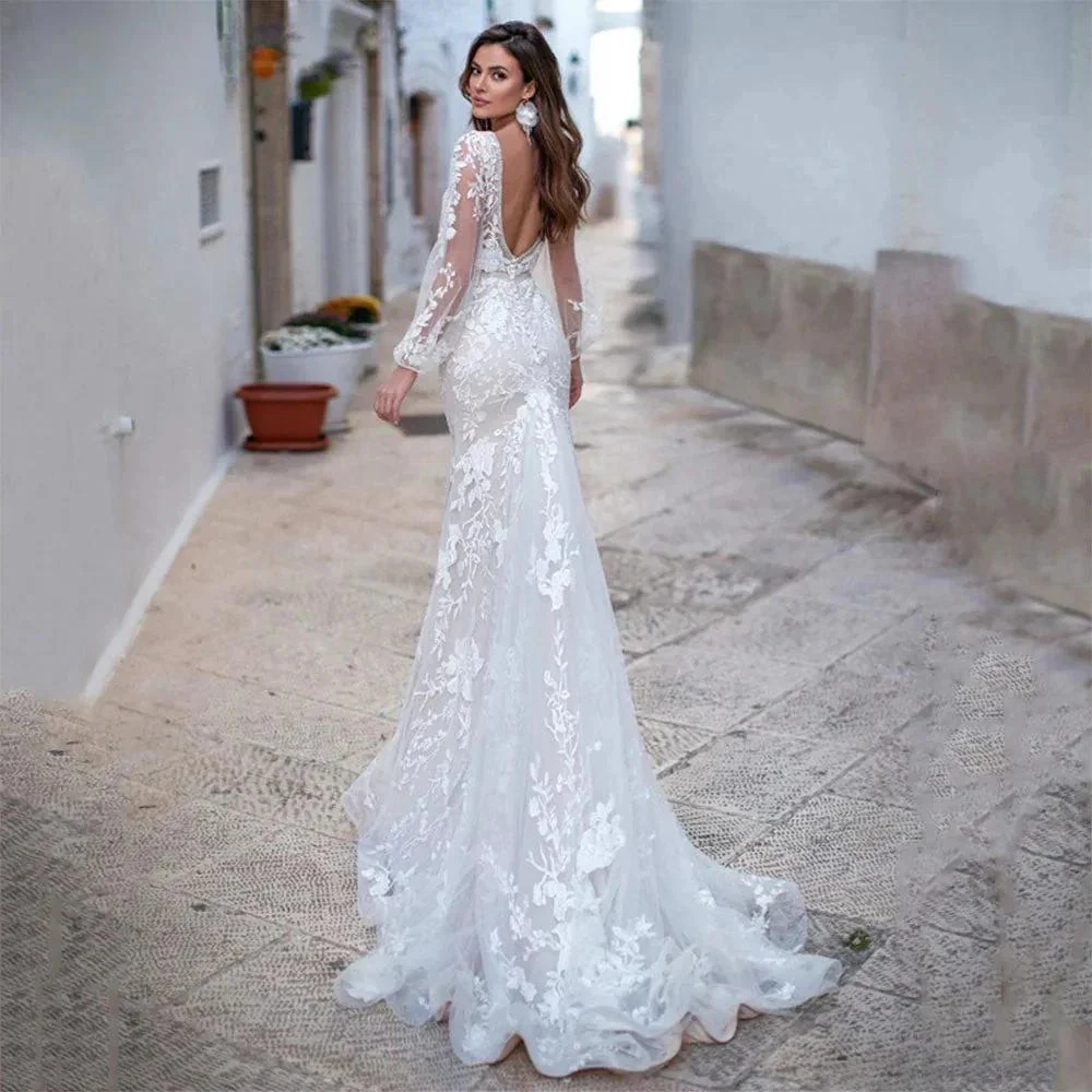 Luxury Backless Tulle Mermaid Wedding Dresses 2022 Long Sleeve Lace Appliques V-neck White Bridal Gown vestidos de novia - Image 2
