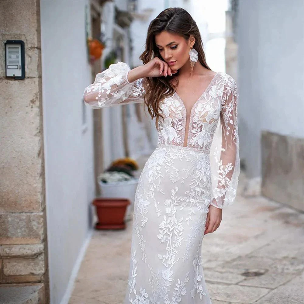 Luxury Backless Tulle Mermaid Wedding Dresses 2022 Long Sleeve Lace Appliques V-neck White Bridal Gown vestidos de novia - Image 3