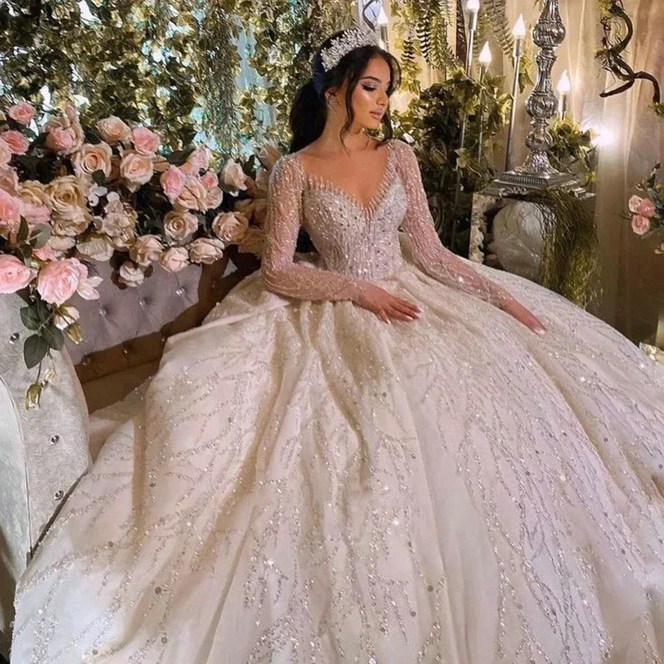 Luxury Ball Gown Illusion Long Sleeves Wedding Dresses 2023 Scoop Neck Glitter Sequined Beading Bride Gowns Vestidos De Noiva - Image 2