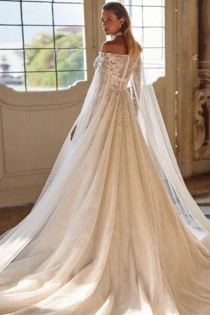 Luxury Beautiful Off-the-shoulder long sleeves a-line lace Wedding Dresses beading - Image 2