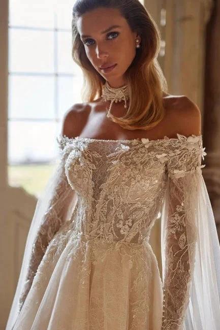 Luxury Beautiful Off-the-shoulder long sleeves a-line lace Wedding Dresses beading - Image 3
