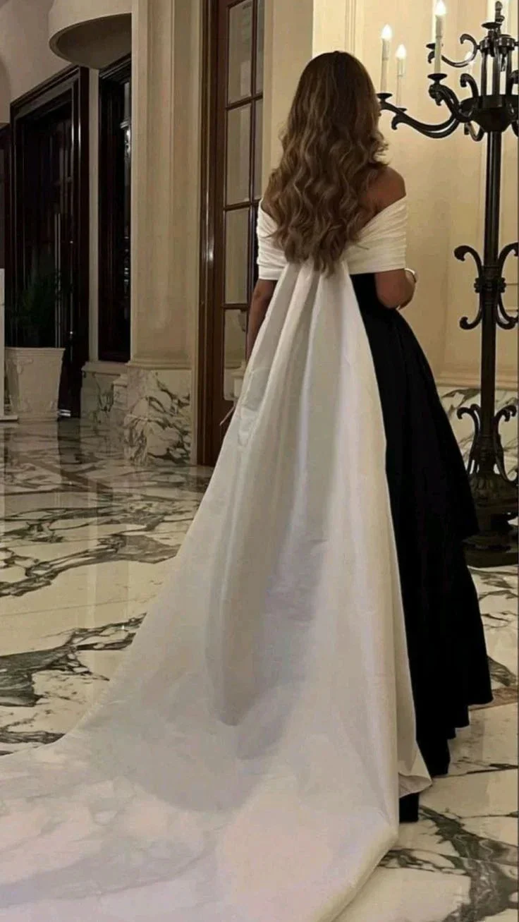 Luxury Black And White Satin Prom Dresses With Removable Tail Custom Made Cocktail Party Evening Dress Y5025 - Image 2