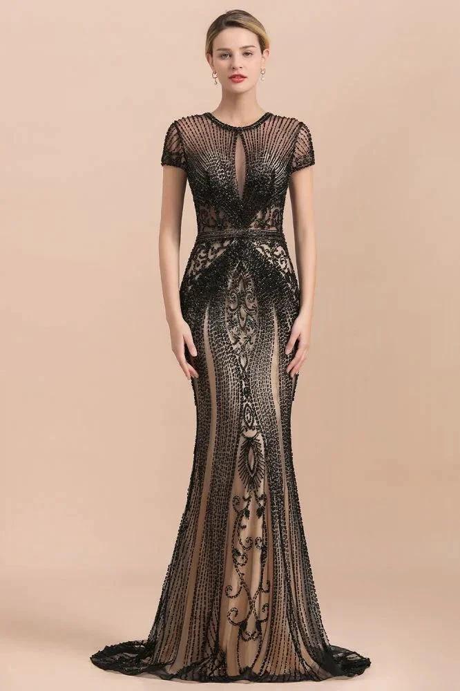 Luxury Black Covered Beaded Mermaid Prom Dress Cap Sleeves Party Dress - Image 2