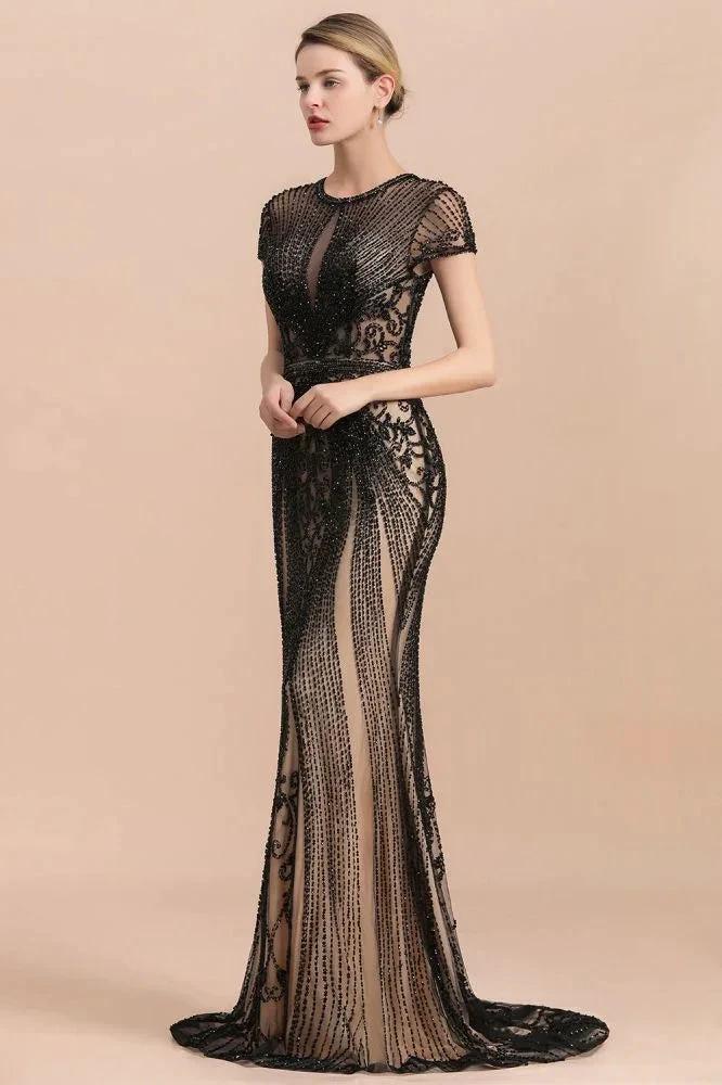 Luxury Black Covered Beaded Mermaid Prom Dress Cap Sleeves Party Dress - Image 3