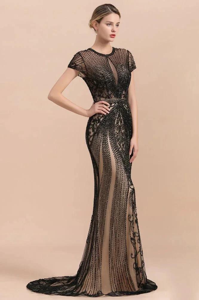 Luxury Black Covered Beaded Mermaid Prom Dress Cap Sleeves Party Dress - Image 4