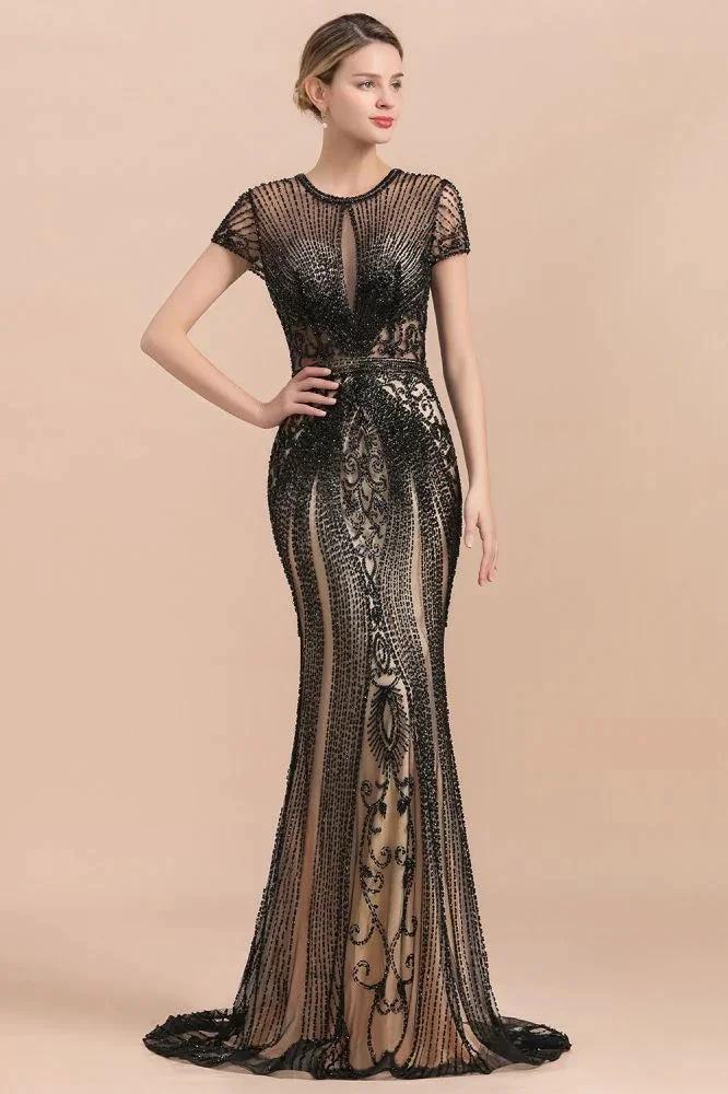Luxury Black Covered Beaded Mermaid Prom Dress Cap Sleeves Party Dress - Image 5