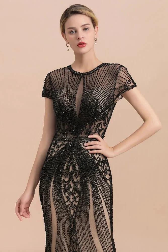 Luxury Black Covered Beaded Mermaid Prom Dress Cap Sleeves Party Dress - Image 6