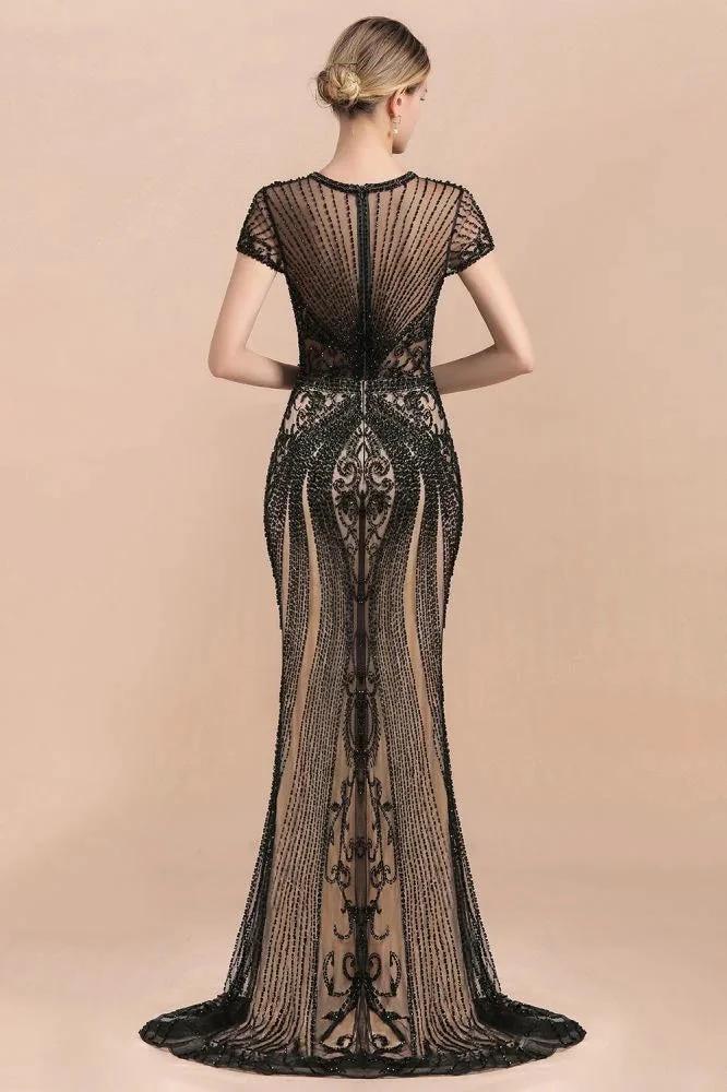 Luxury Black Covered Beaded Mermaid Prom Dress Cap Sleeves Party Dress - Image 7