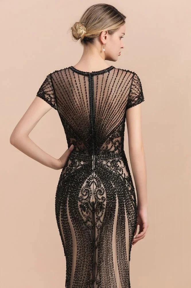 Luxury Black Covered Beaded Mermaid Prom Dress Cap Sleeves Party Dress - Image 8