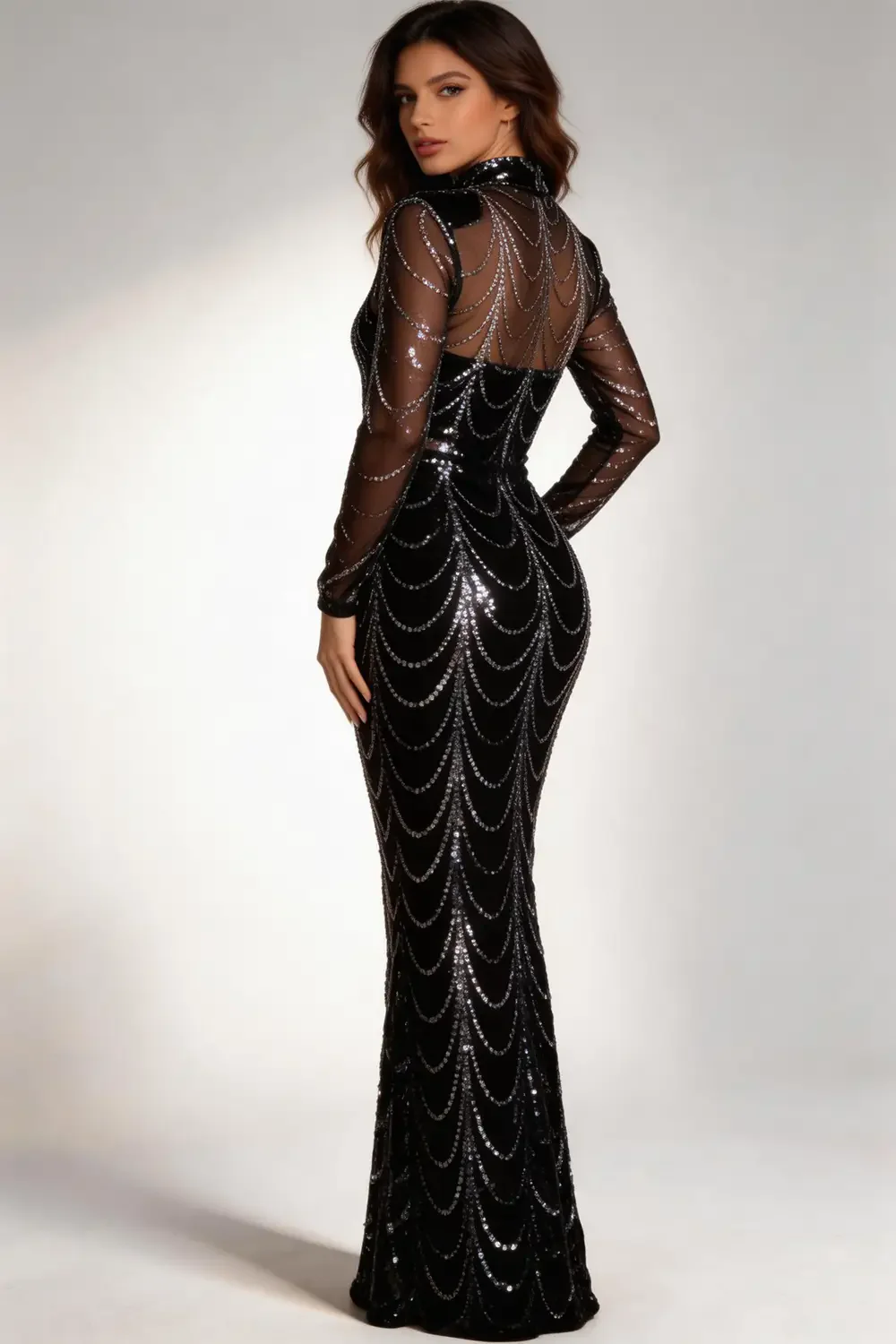 Black Silver Sequin Mesh Mermaid Prom Dress With Long Sleeves - Image 2