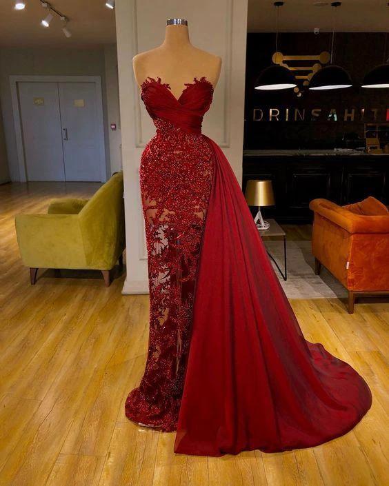 luxury Burgundy Detachable Train Mermaid Prom Dress with Lace - Image 2