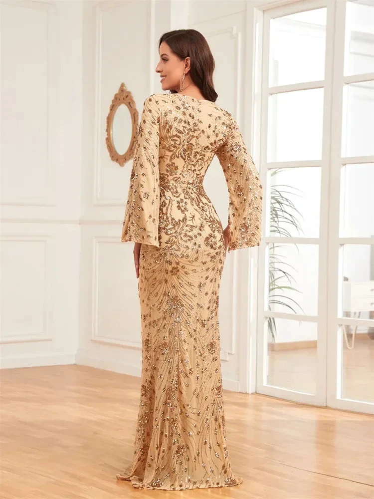 Luxury Champagne Evening Dresses For Women 2025 Long Sleeve Mermaid Formal Sequins V-neck Prom Wedding Party Gowns - Image 2