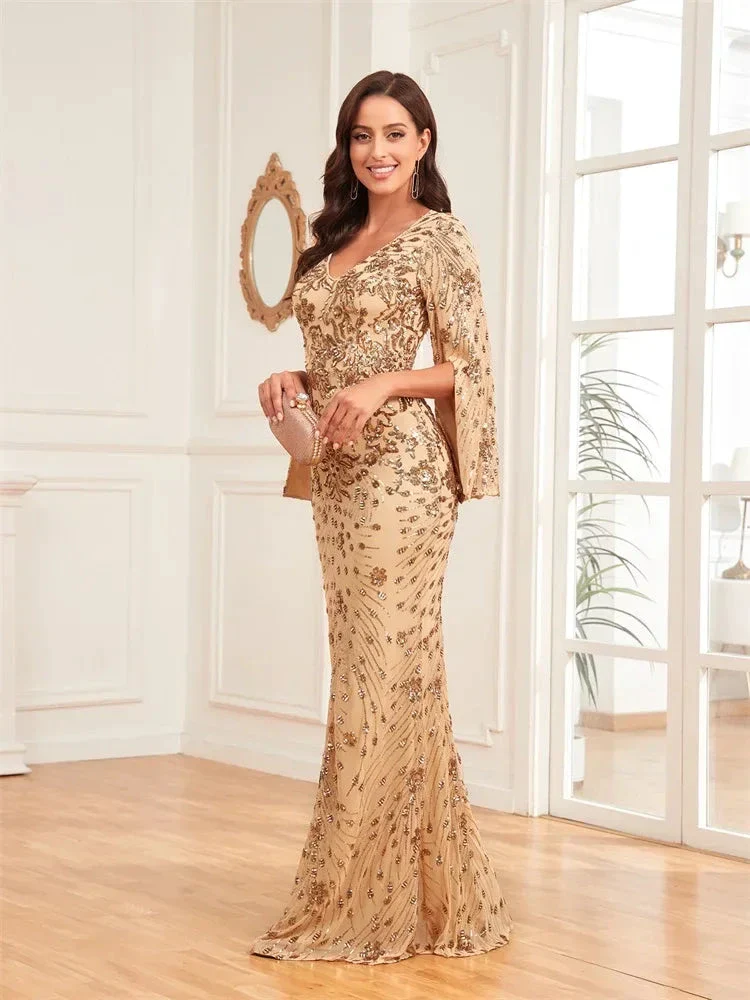 Luxury Champagne Evening Dresses For Women 2025 Long Sleeve Mermaid Formal Sequins V-neck Prom Wedding Party Gowns - Image 3