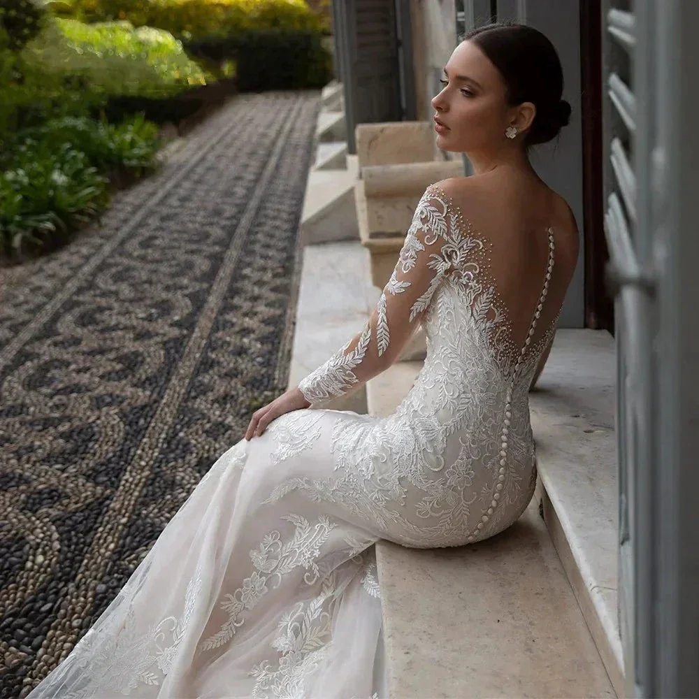 Luxury Crystal Wedding Dress Mermaid For Women Beading Sweetheart Lace Applique Sheer Illusion Long Bridal Gown Court Train 2023 - Image 3