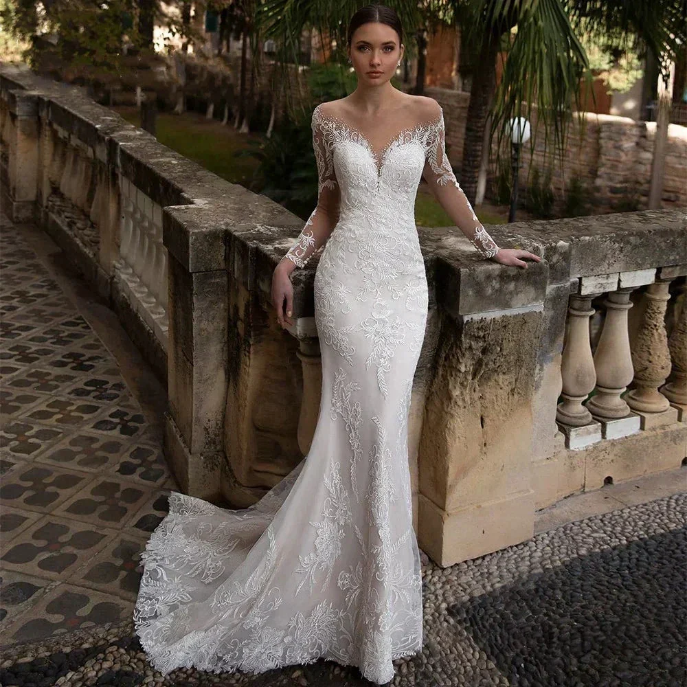 Luxury Crystal Wedding Dress Mermaid For Women Beading Sweetheart Lace Applique Sheer Illusion Long Bridal Gown Court Train 2023 - Image 4