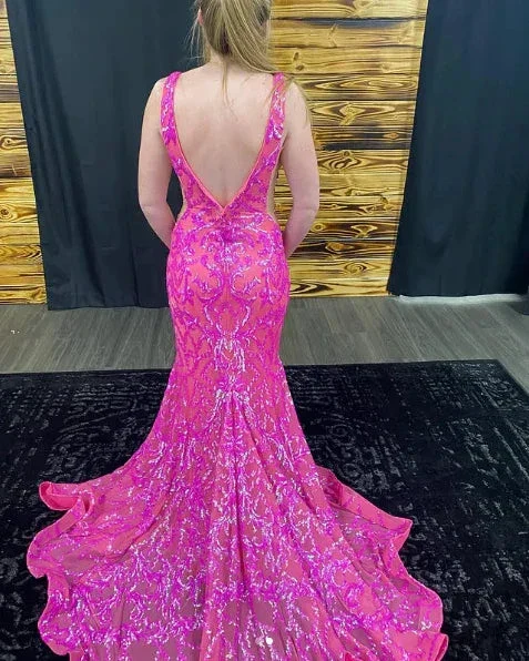 Luxury Deep V Neck Mermaid Evening Dress Pink Formal Prom Dress Y7819 - Image 2