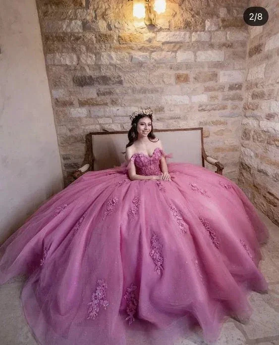 Luxury Dusty Rose Off Shoulder Lace 3D Flower Applique Ball Gown Birthday Party Dress  Y7016 - Image 2