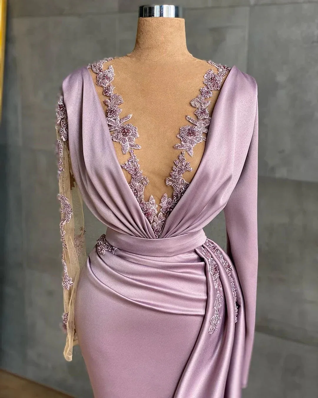 Luxury Floor-length Light Purple Ruffles Mermaid Prom Dresses With Long Sleeves - Image 2
