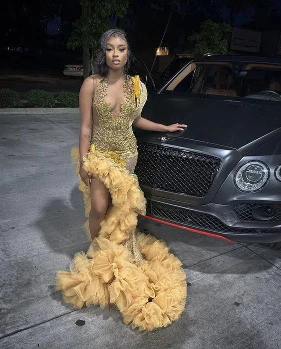 Luxury Gold Beaded Prom Dress for Black Girls Crystal Mermaid Formal Evening Dress Side Slit Evening Dress Y6624 - Image 3
