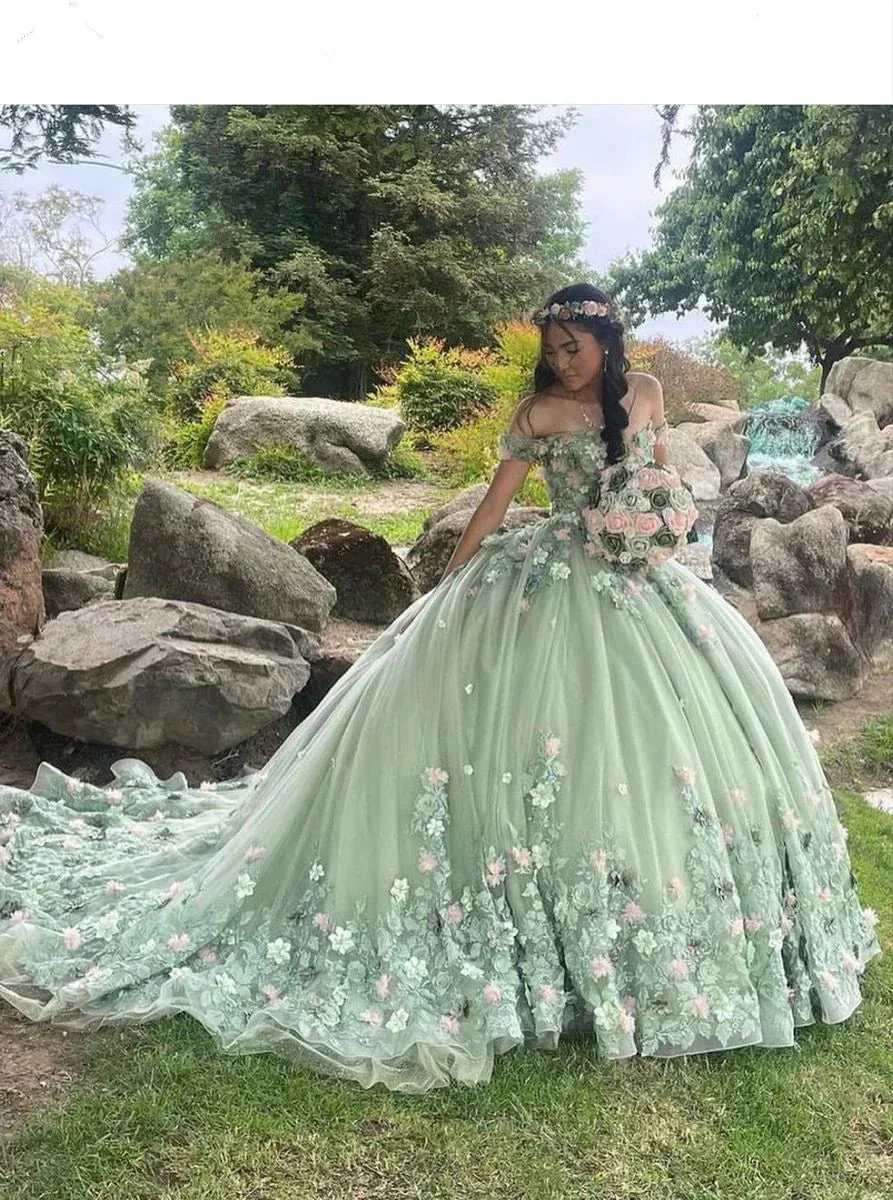 Luxury Green Princess Quinceanera Dresses Off Shoulder 3D Flowers Appliques Ball Gown Y4147 - Image 2