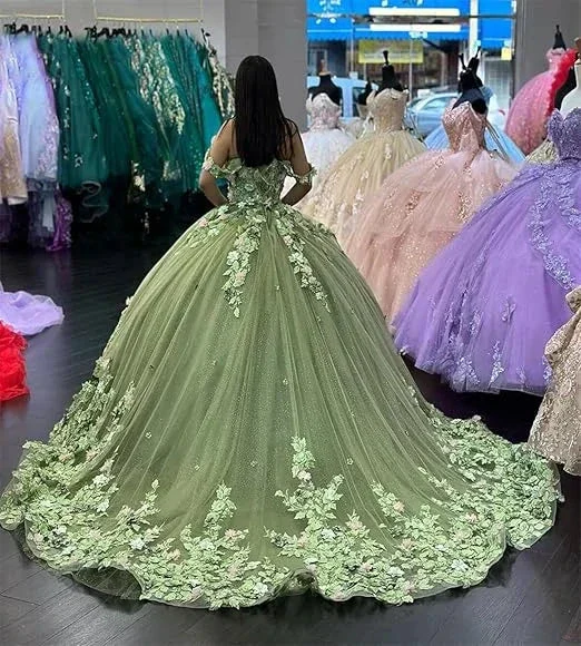 Luxury Green Princess Quinceanera Dresses Off Shoulder 3D Flowers Appliques Ball Gown Y4147 - Image 3