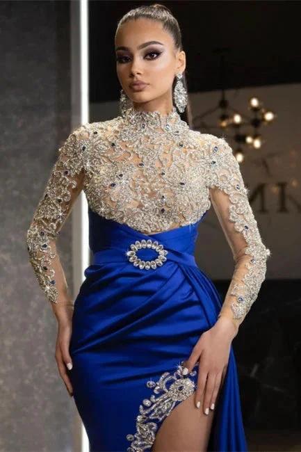 Luxury Halter Royal Blue Satin Mermaid Evening Maxi Dress Long Sleeves Crystals Gold Appliques Party Dress - Image 2