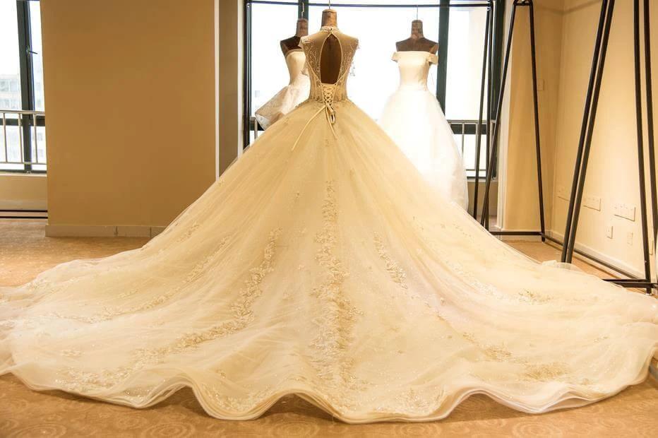 Luxury Illusion Neck Lace-up Tulle Ball Gown Wedding Dress Modest Ivory Sparkle Bridal Gowns - Image 4