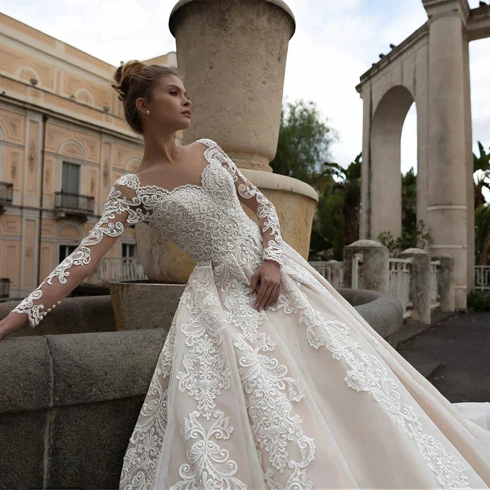 Luxury Lace Applique Wedding Dresses Long Sleeve Women's Elegant Muslim Sweetheart Fine Champagne Bridal Gowns Trailing Dress De - Image 3