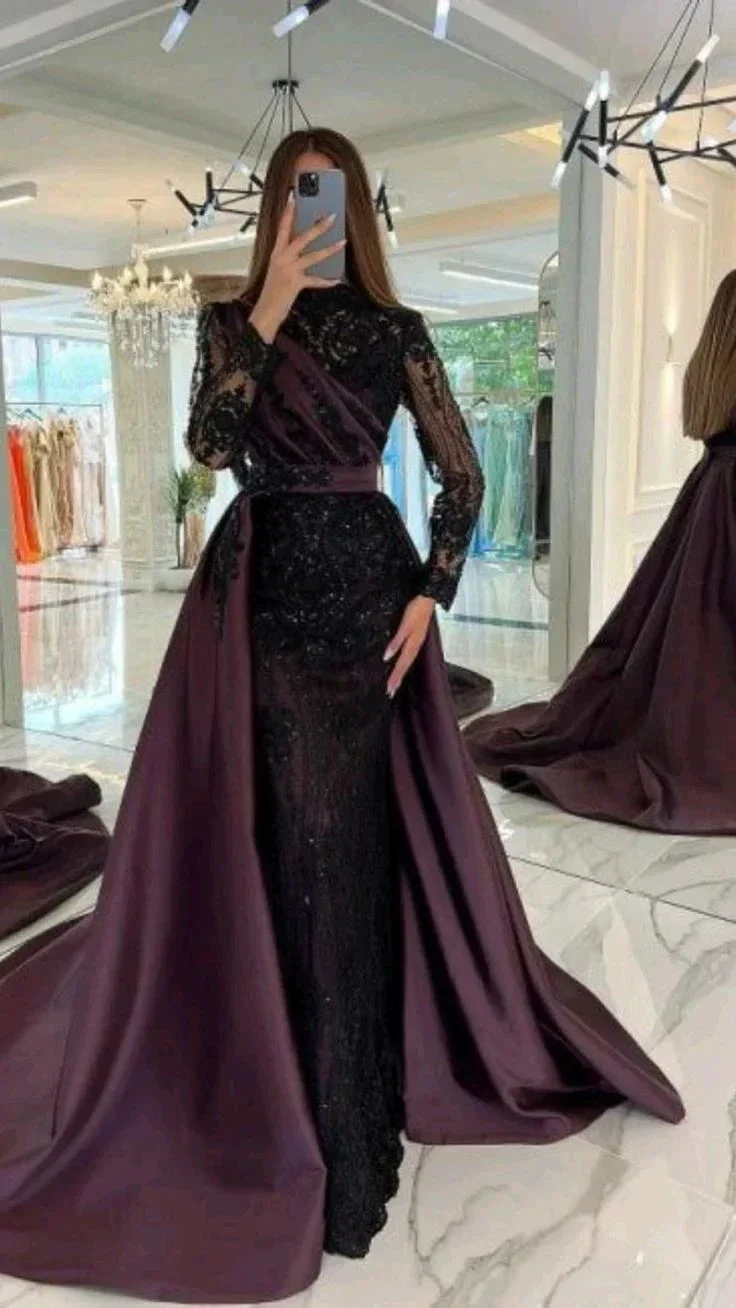luxury lace embroidered prom dress sexy evening dresses with detachable tail Y4998 - Image 2