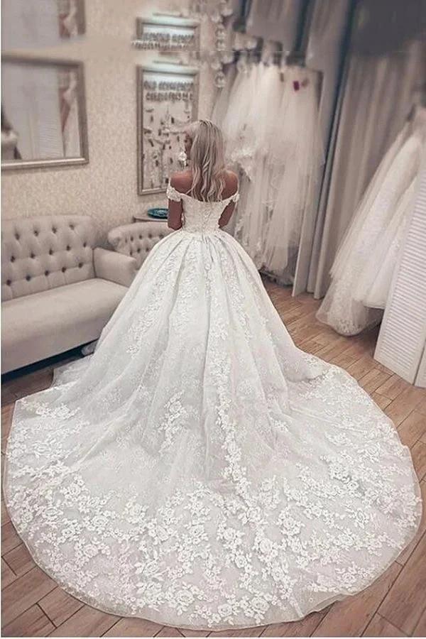 Luxury Long A-Line Off the Shoulder Lace Wedding Dresses - Image 2