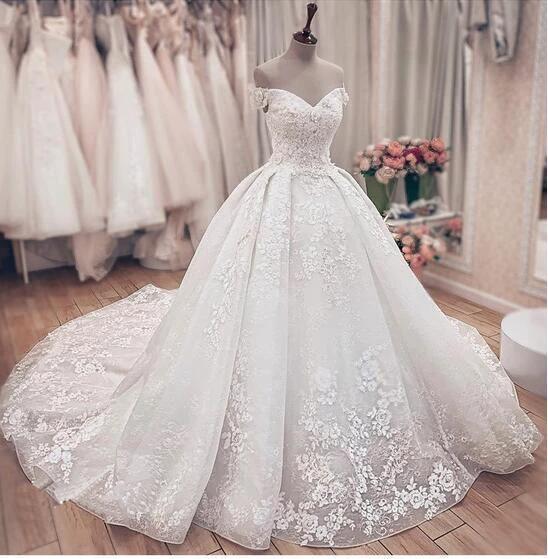 Luxury Long A-Line Off the Shoulder Lace Wedding Dresses - Image 3