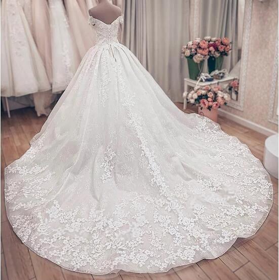 Luxury Long A-Line Off the Shoulder Lace Wedding Dresses - Image 4