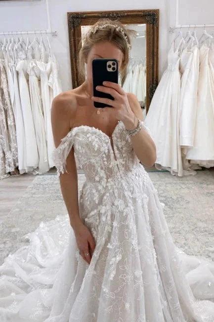 Luxury Long A-Line Off-the-shoulder Lace Wedding Dresses With Glitter - Image 3