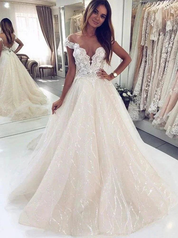 Luxury Long A-line Off-the-shoulder Tulle Open Back Glitter Wedding Dress - Image 2