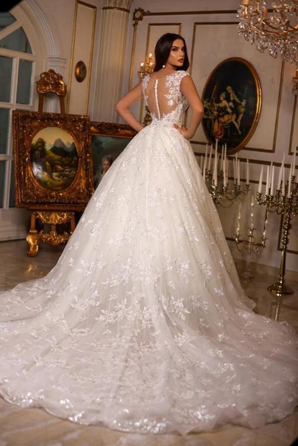Luxury Long A-line Sweetheart Tulle Lace Open Back Wedding Dresses - Image 2